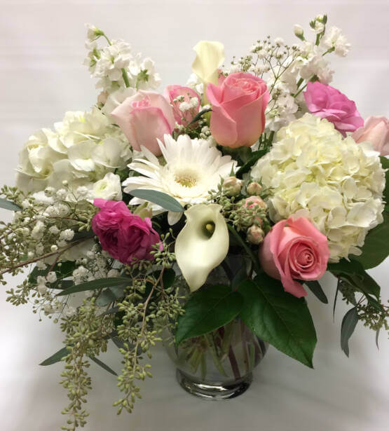 An image of a white and pink valentine's arrangement