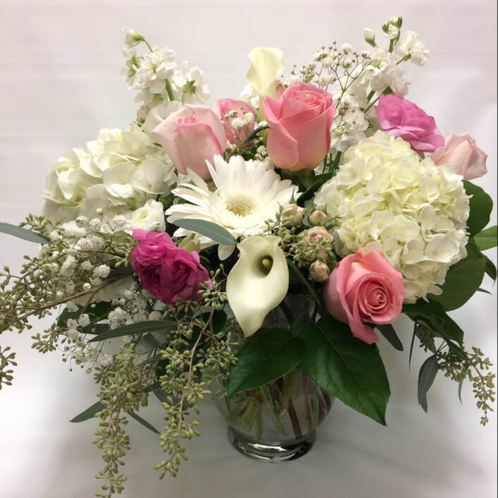 An image of a white and pink valentine's arrangement